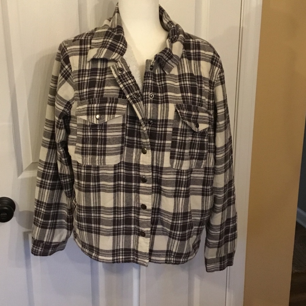 Lucky Brand Cream & Black Plaid Flannel Sherpa Lined Utility Shacket Size L